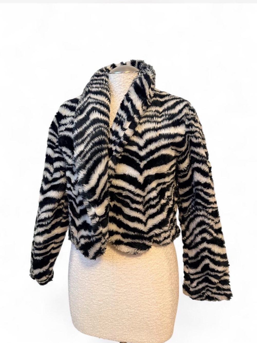 Vintage 80s 90s Zebra Print Faux Fur Cropped Jacket - Black & White O/S